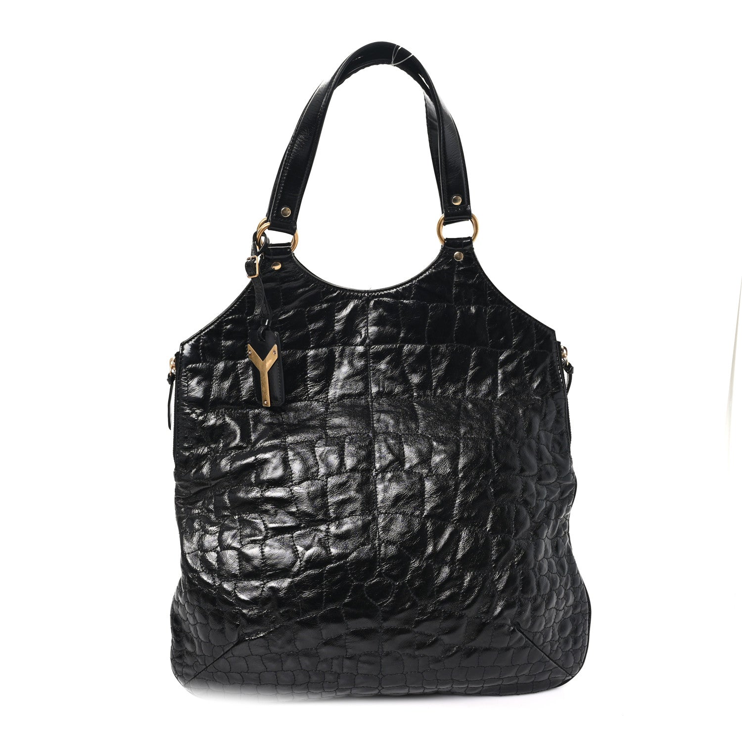 Saint Laurent Glazed Calfskin Crocodile Embossed Tribute Tote Black 1 of 12