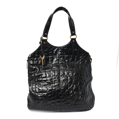 Saint Laurent Glazed Calfskin Crocodile Embossed Tribute Tote Black 1 of 12