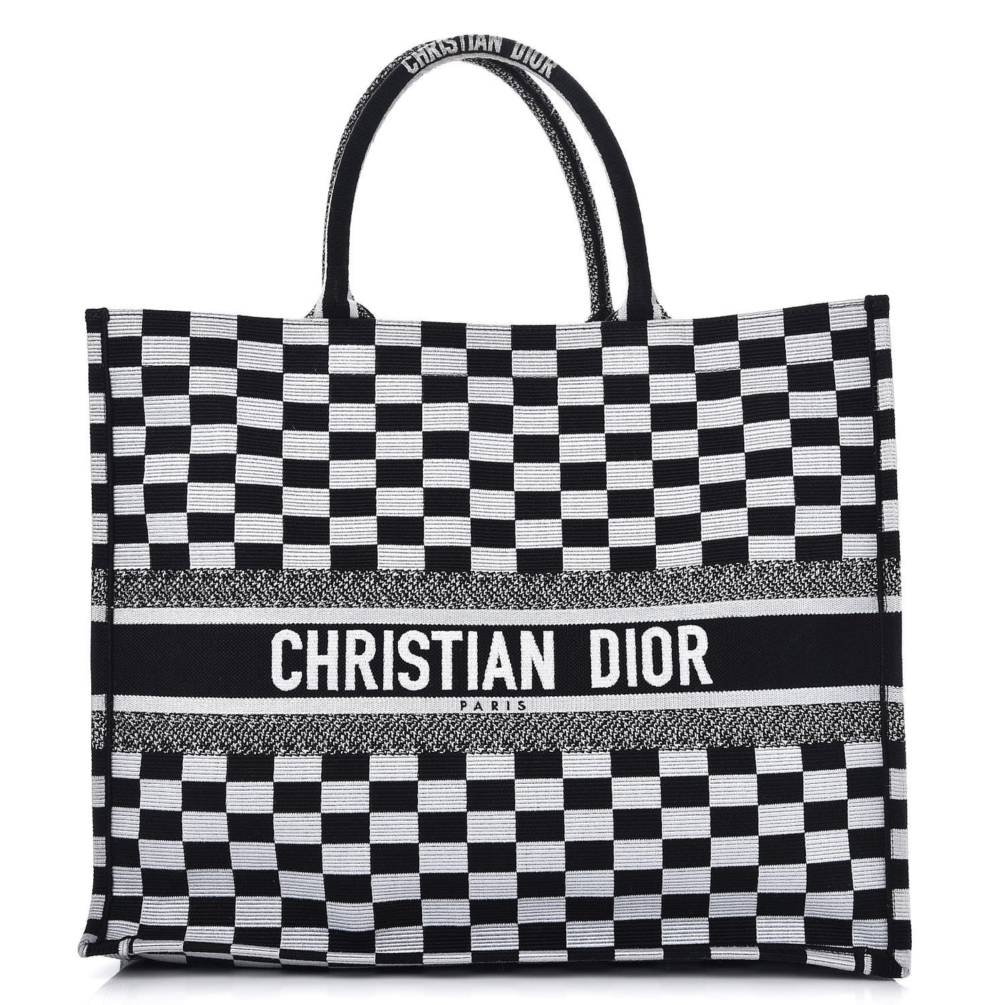 Canvas Embroidered Checkered Book Tote Black White