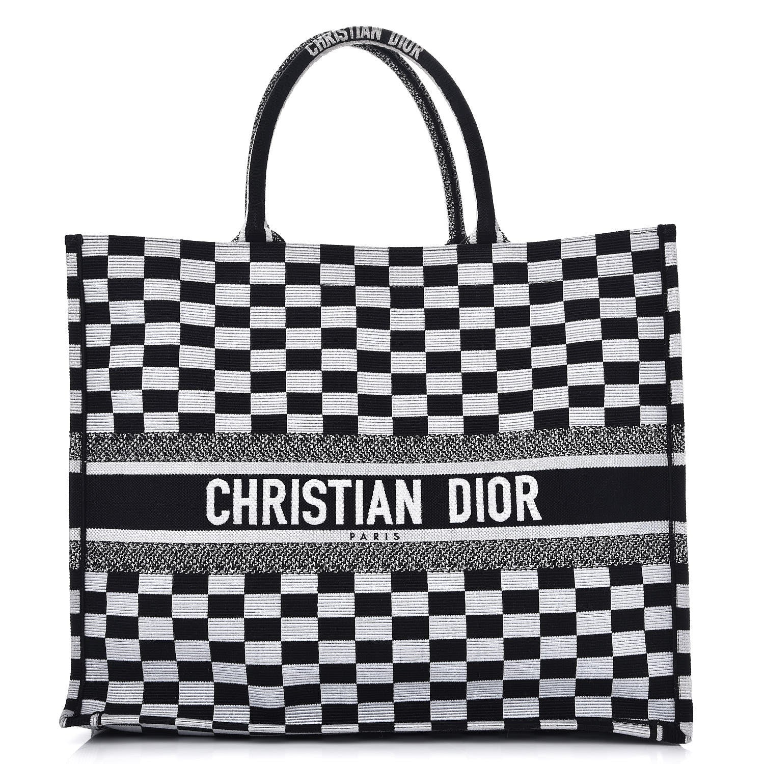 Christian Dior Canvas Embroidered Checkered Book Tote Black White 1 of 7
