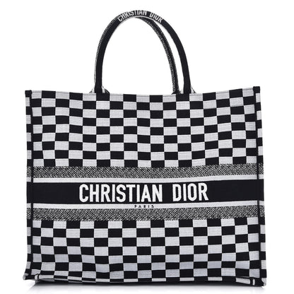 Christian Dior Canvas Embroidered Checkered Book Tote Black White 1 of 7