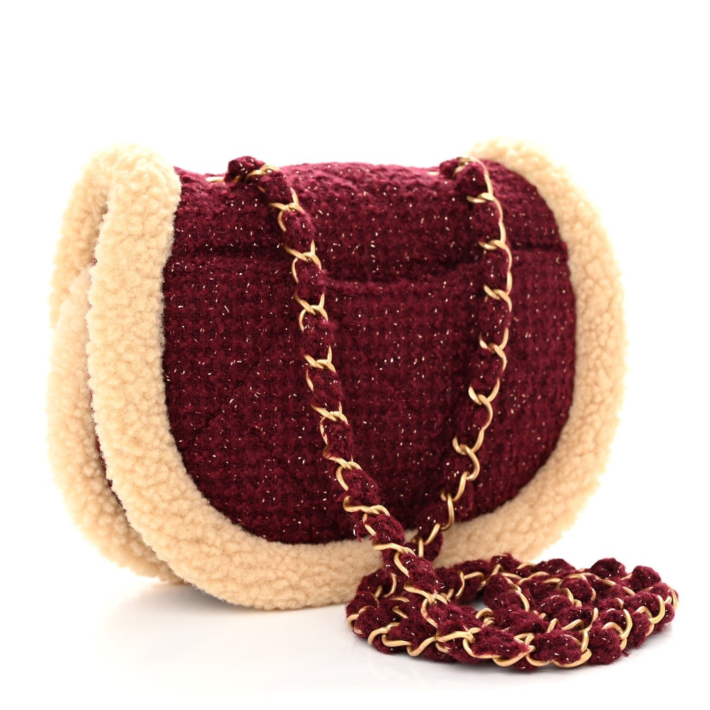 Tweed Shearling Quilted Messenger Flap Burgundy