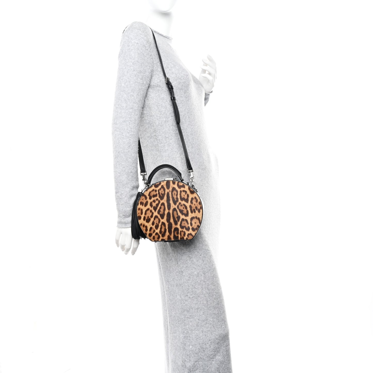 Calf Hair Leopard Print Mica Hat Box Black Brown