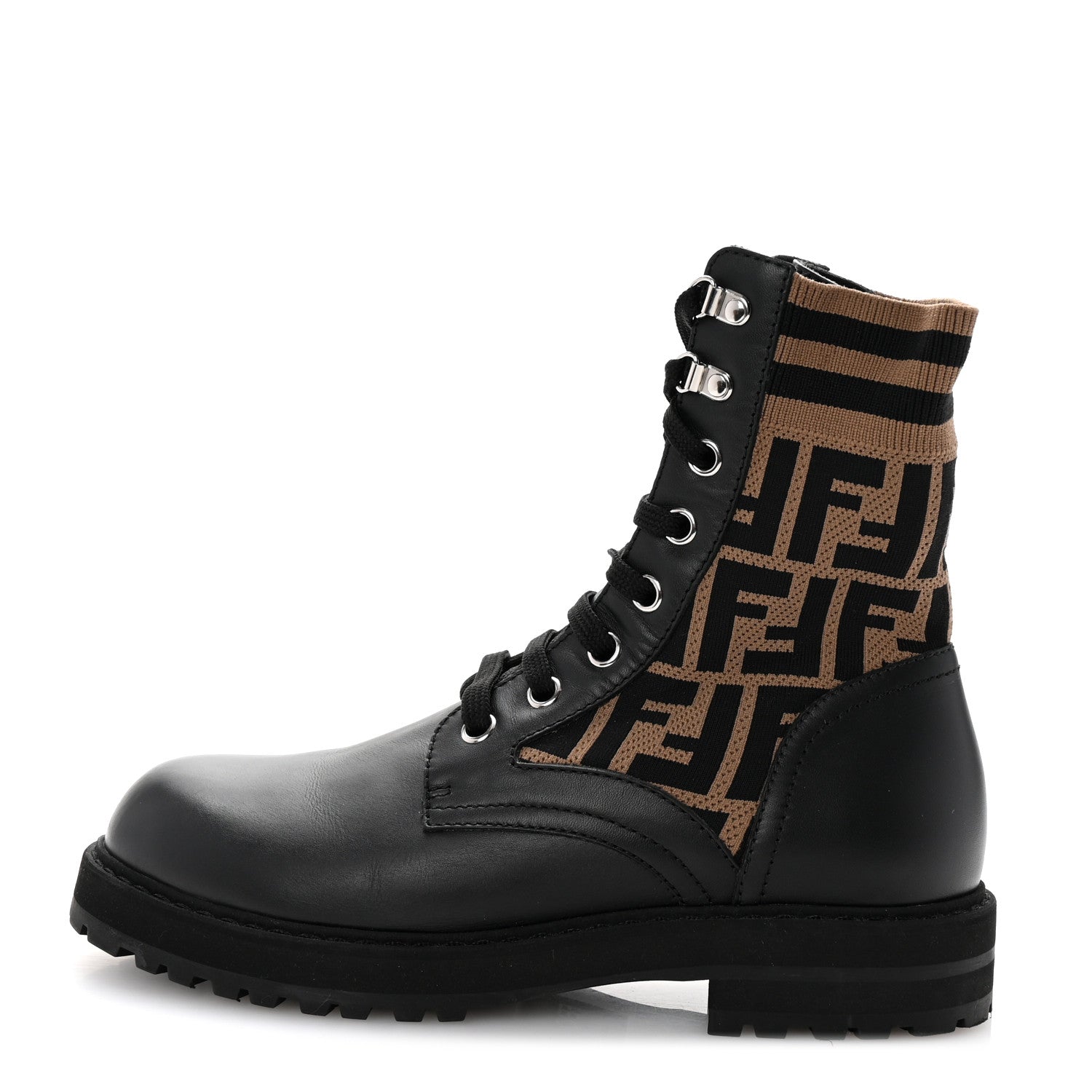 Fendi Calfskin Stretch Fabric FF Rockoko Biker Boots 7 Black Tobacco 1 of 9