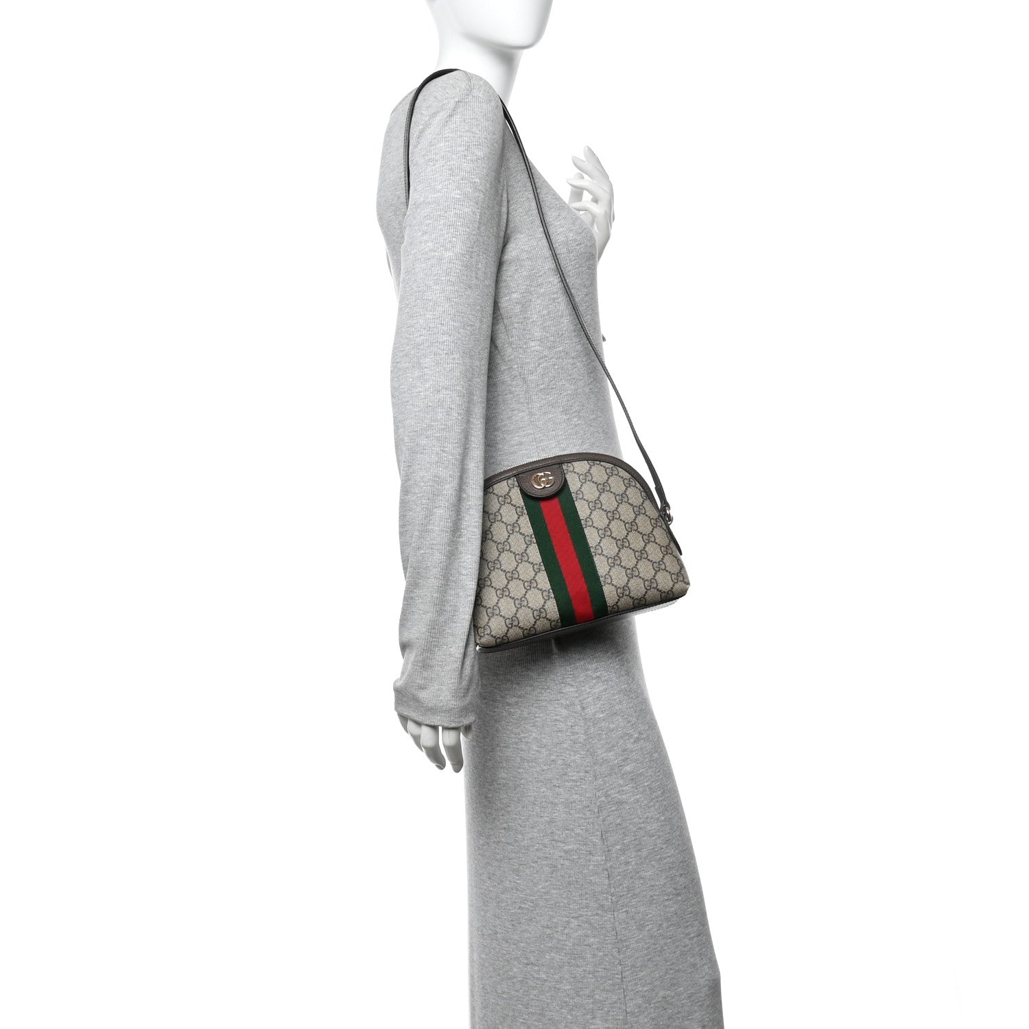 Gucci GG Supreme Monogram Textured Dollar Calfskin Web Small Ophidia Dome Shoulder Bag Beige Ebony New Acero 2 of 13