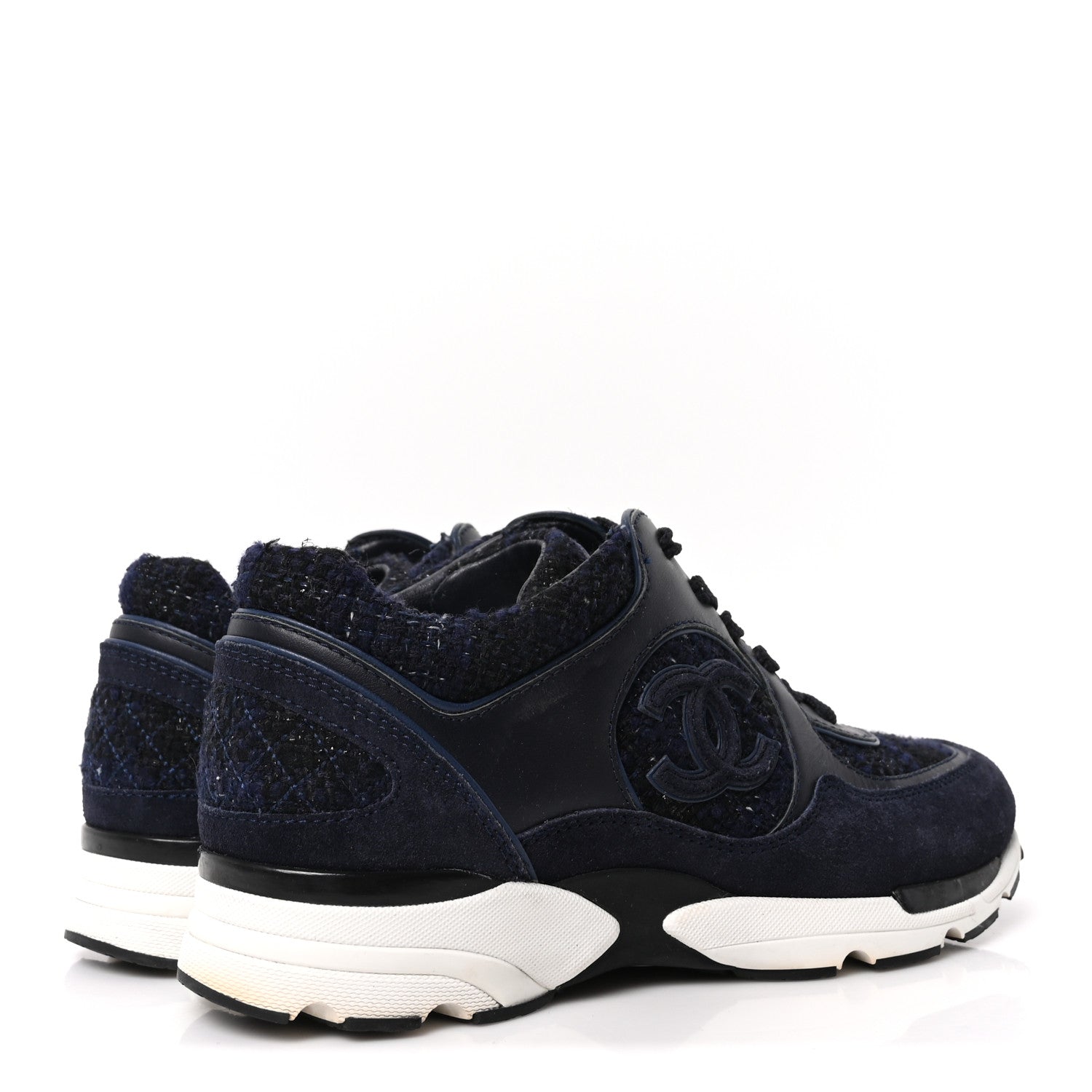Chanel Iridescent Wool Tweed Suede Womens CC Sneakers 36 Navy Black White 5 of 9