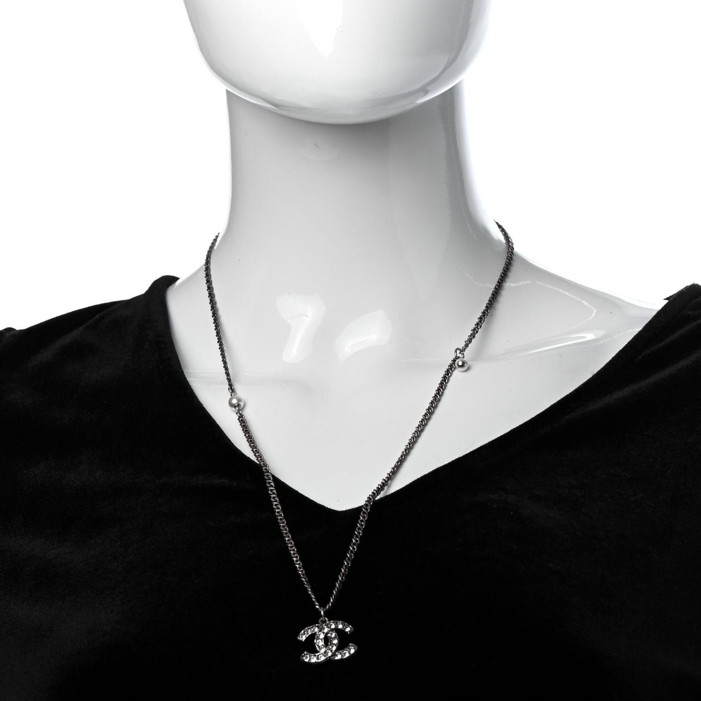 Pearl Crystal CC Pendant Necklace Silver