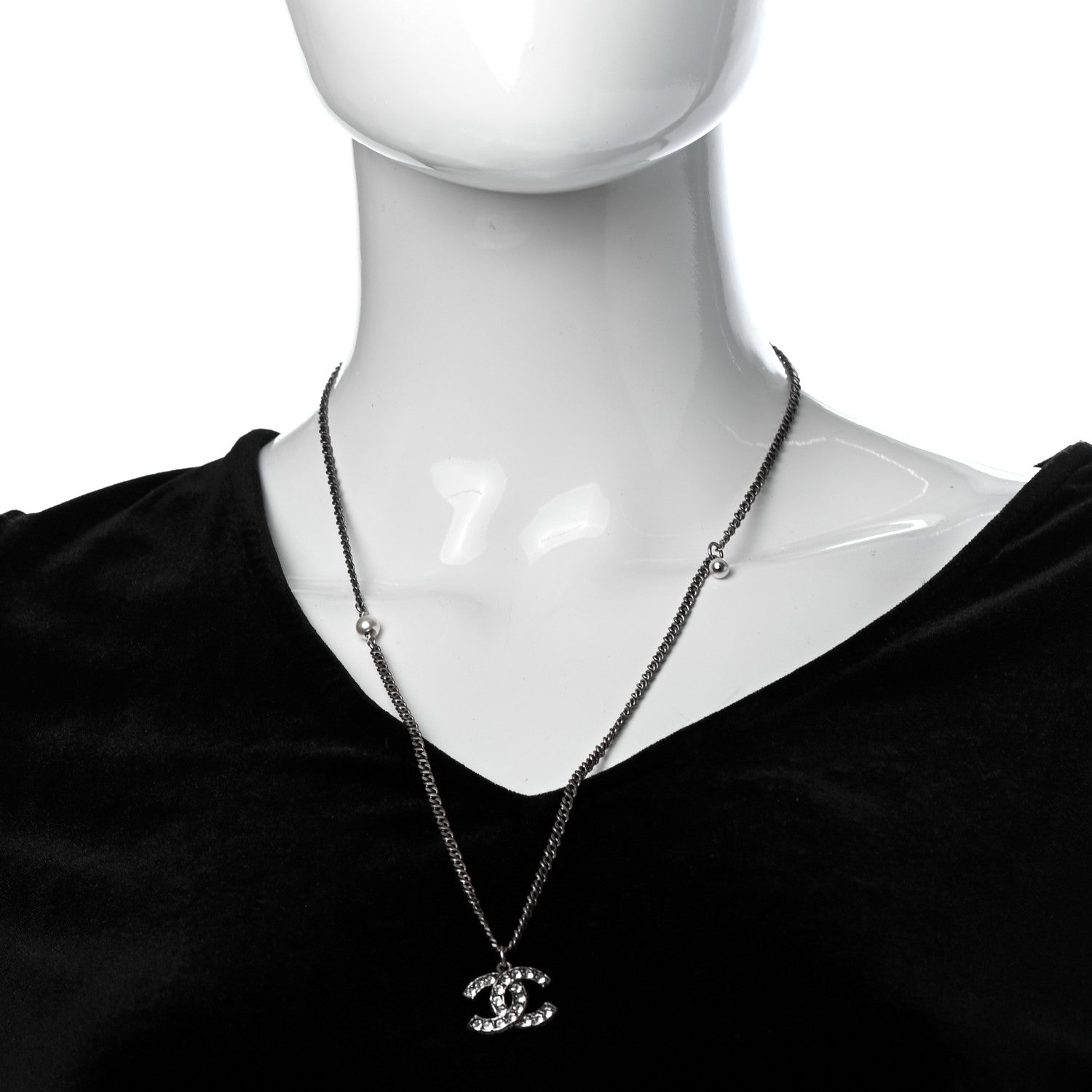 Chanel Pearl Crystal CC Pendant Necklace Silver 2 of 4