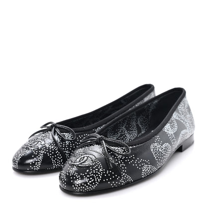 Chanel Calfskin Camellia Printed Cap Toe Ballerina Flats 36 Black White 4 of 10