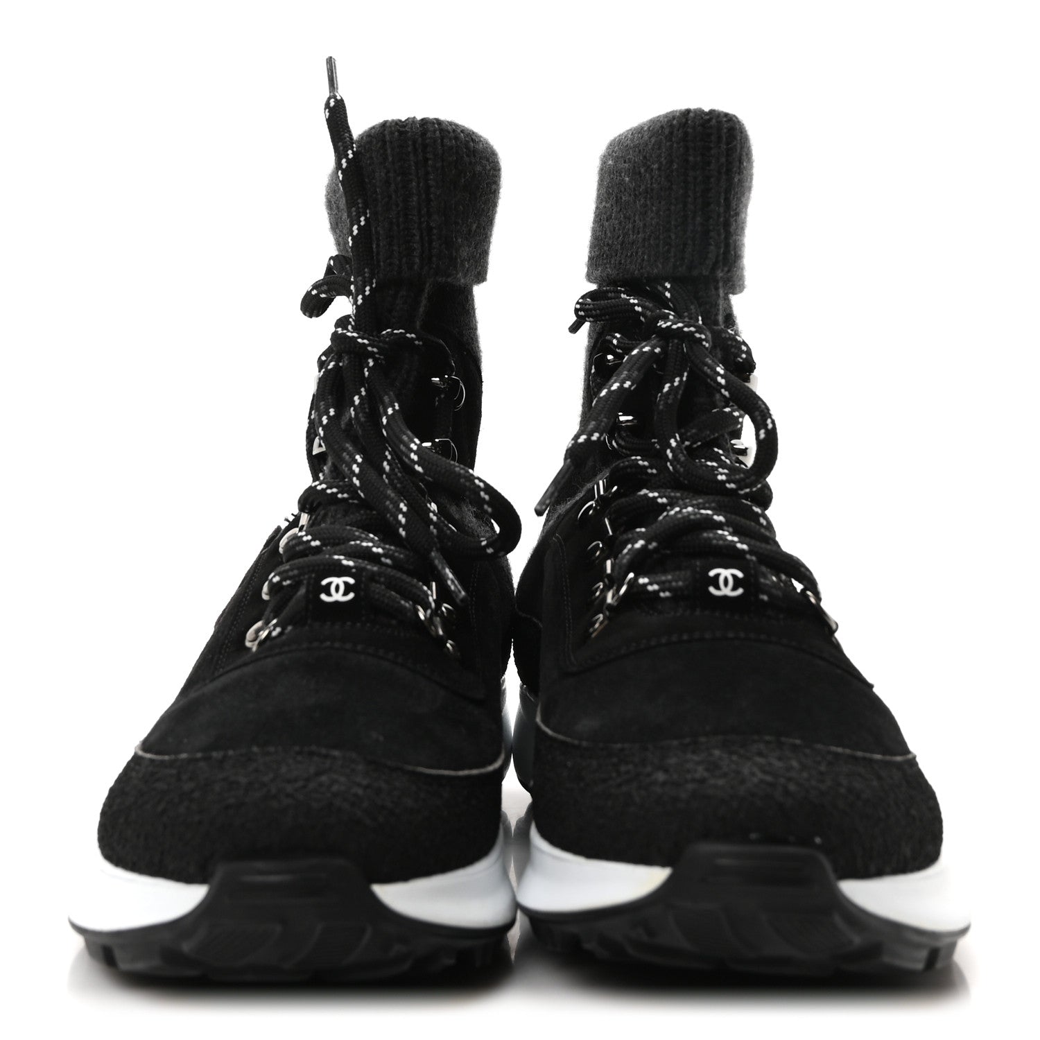 Chanel Suede Calfskin Knit CC Sneakers 40 Black Dark Gray 3 of 9