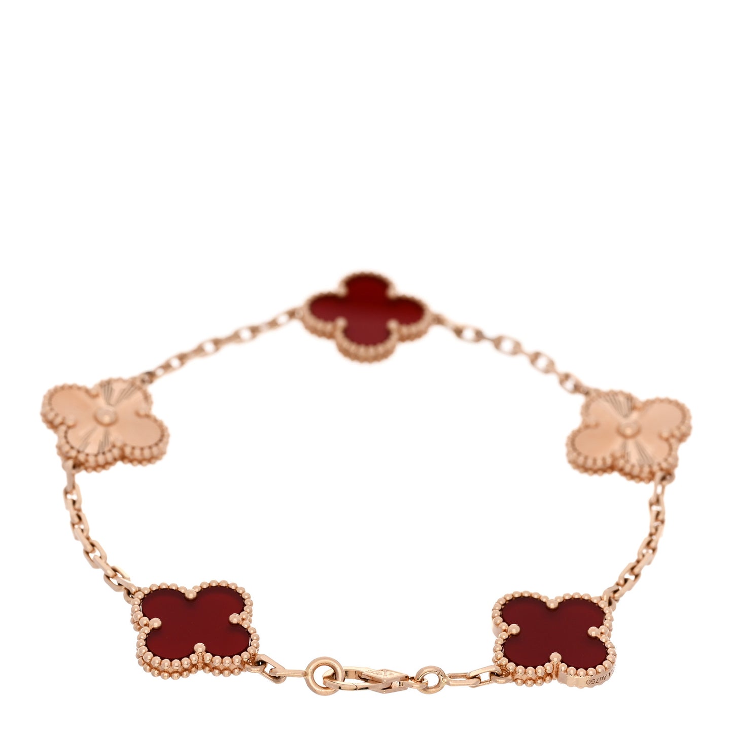 18K Rose Gold Carnelian 5 Motifs Guilloche Vintage Alhambra Bracelet