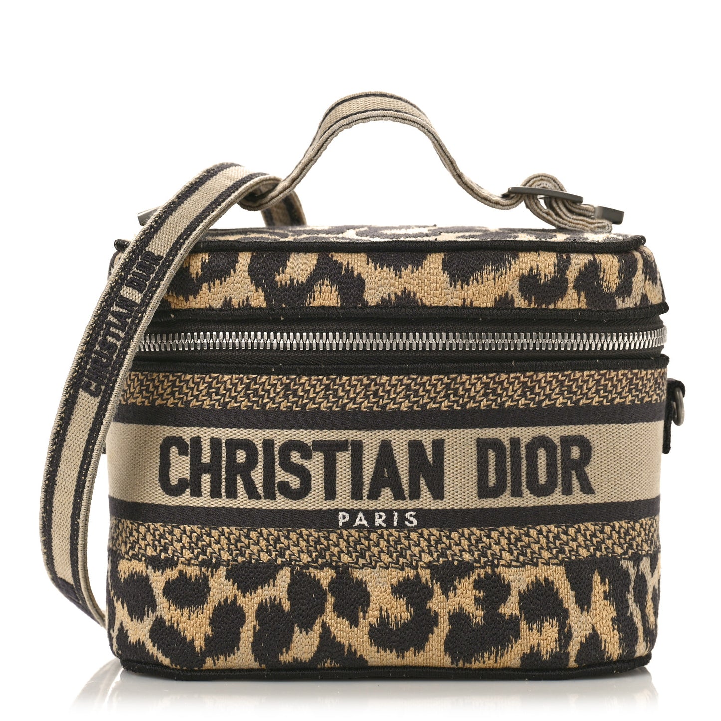 Canvas Mizza Embroidered Small Leopard Travel Vanity Case Beige