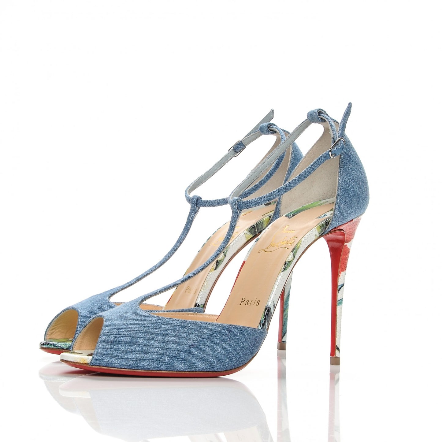 Denim Crackled Calfskin Hawaii Print Senora 100 Sandals 39.5 Blue White