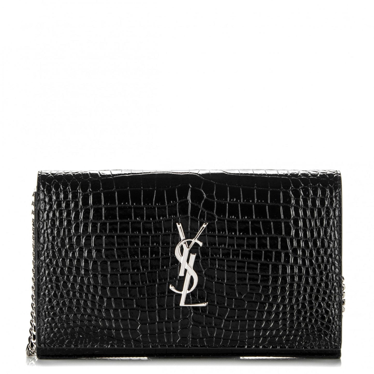 Calfskin Crocodile Embossed Monogram Chain Wallet Nero Black