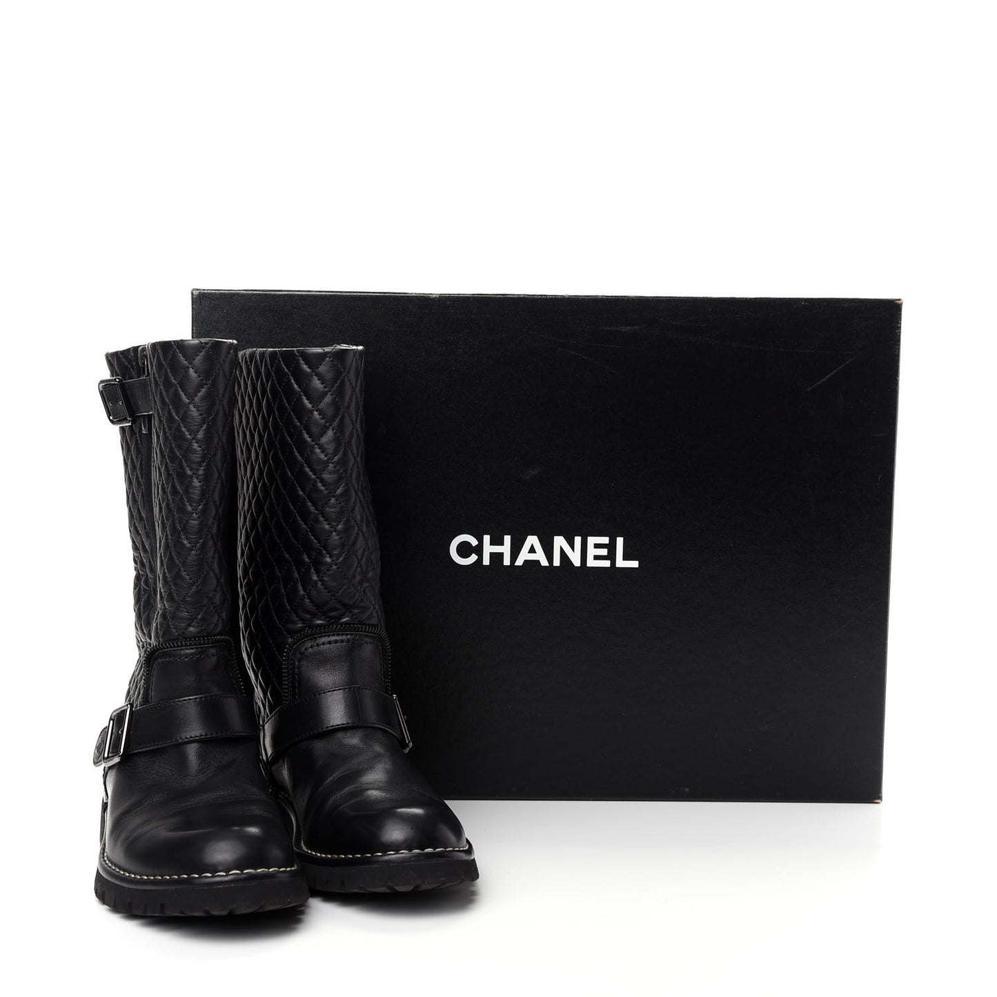 Calfskin Quilted Biker Boots 37.5 Black