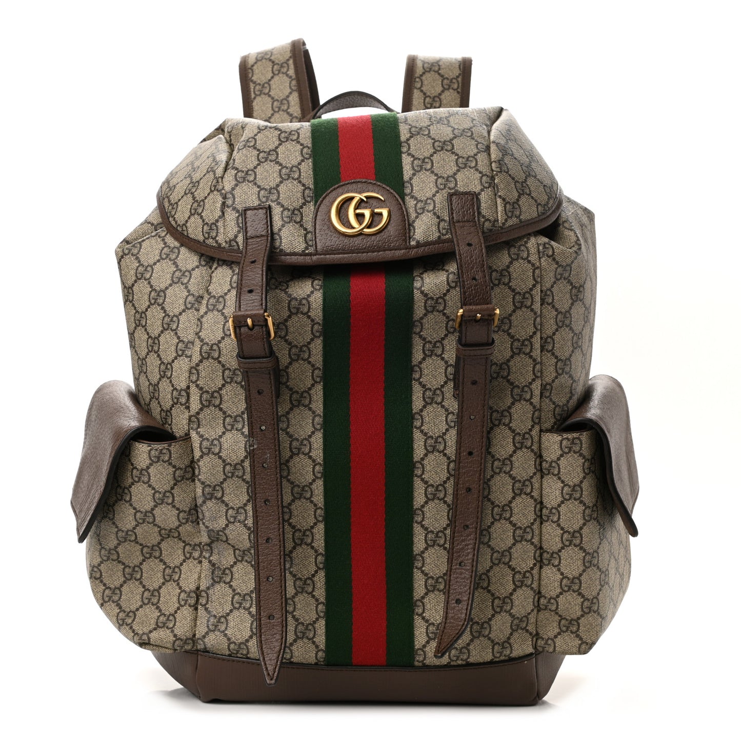 GG Supreme Monogram Medium Ophidia Double Buckle Backpack Brown