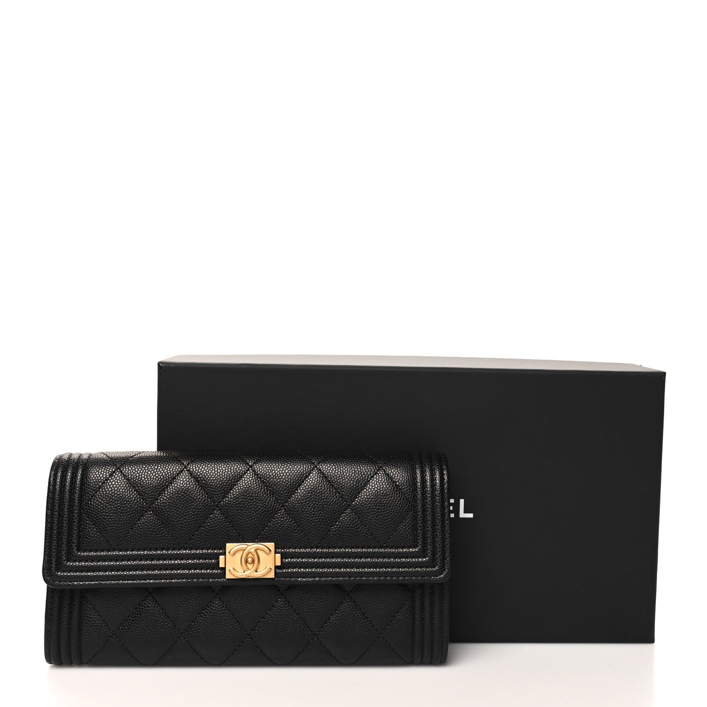 Caviar Quilted Large Boy Gusset Flap Wallet Black