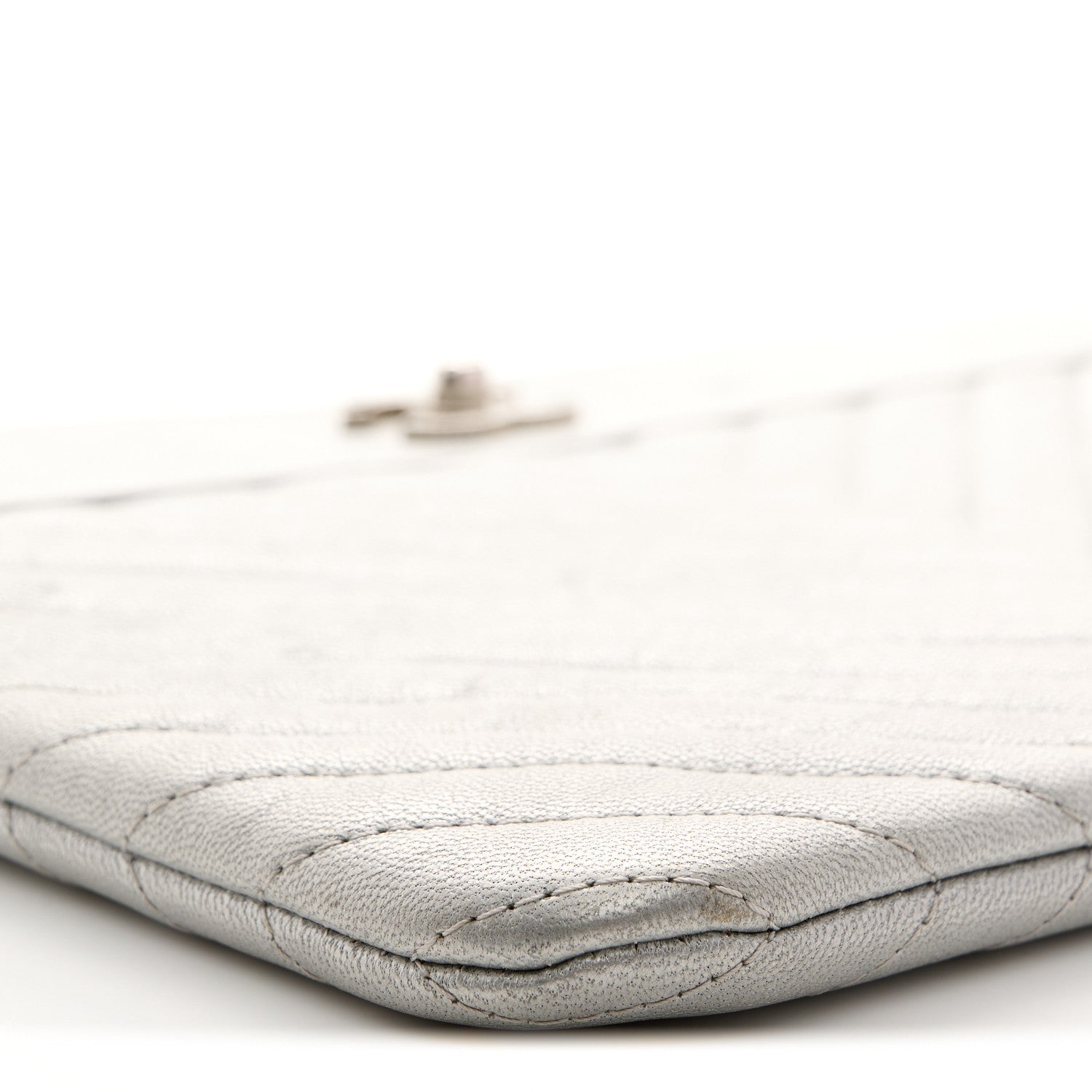 Chanel Metallic Sheepskin Chevron Quilted Mademoiselle Vintage Large Zip Pouch Silver 9 of 11