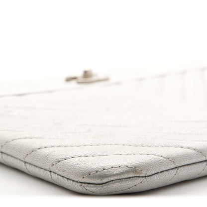 Chanel Metallic Sheepskin Chevron Quilted Mademoiselle Vintage Large Zip Pouch Silver 9 of 11