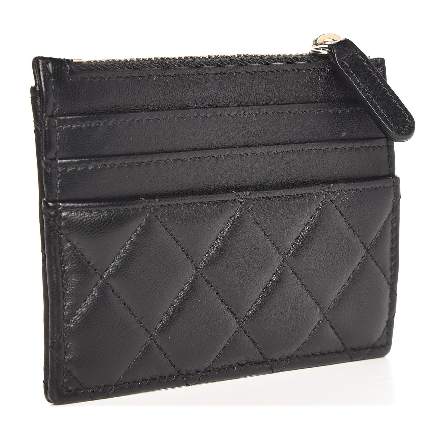 Lambskin Quilted Zip Card Holder Black
