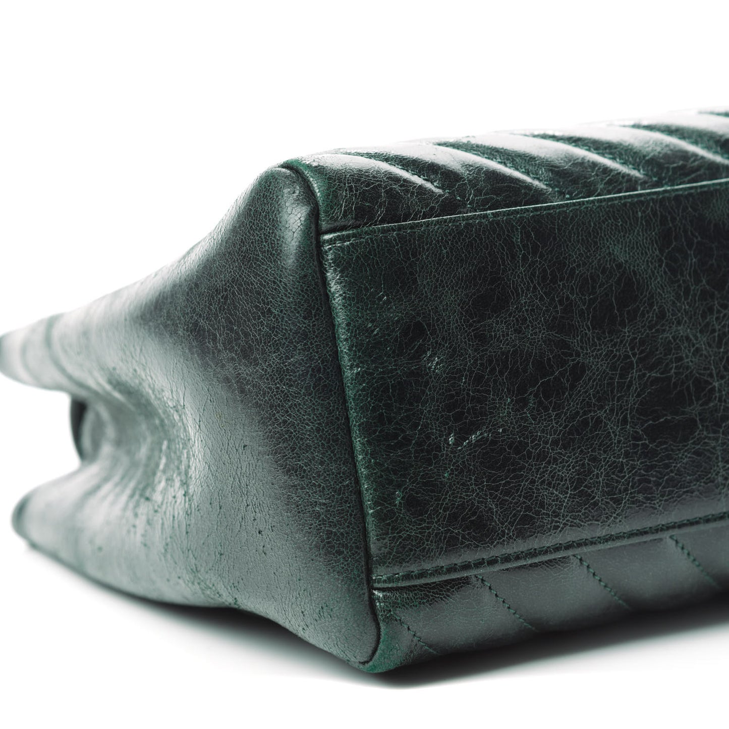 CHANE Glazed Calfskin Chevron Quilted Large Hampton Flap Dark Green