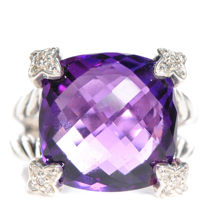 David Yurman Sterling Silver Amethyst Pave Diamond 15mm Cushion On Point Ring 7 1 of 5