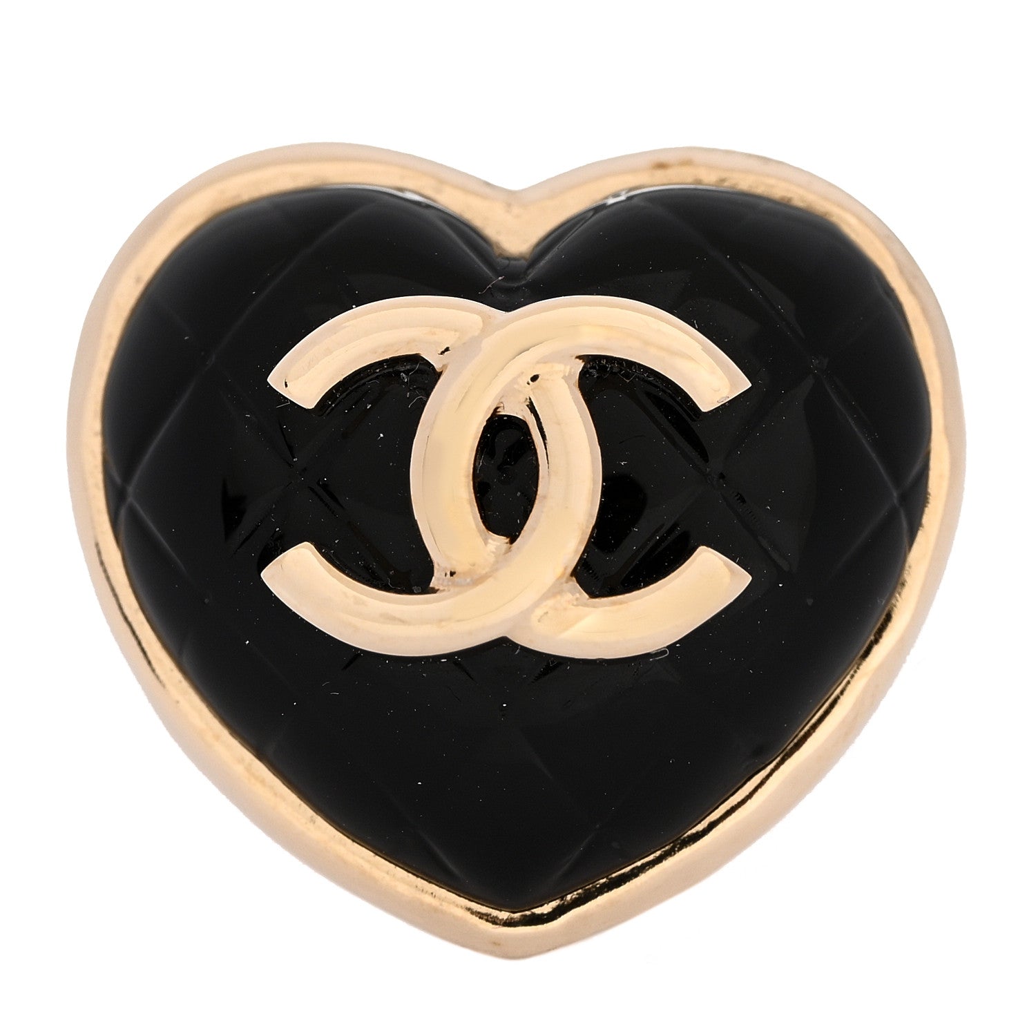 Chanel Resin CC Quilted Heart Ring 53 6.25 Gold Black 1 of 6