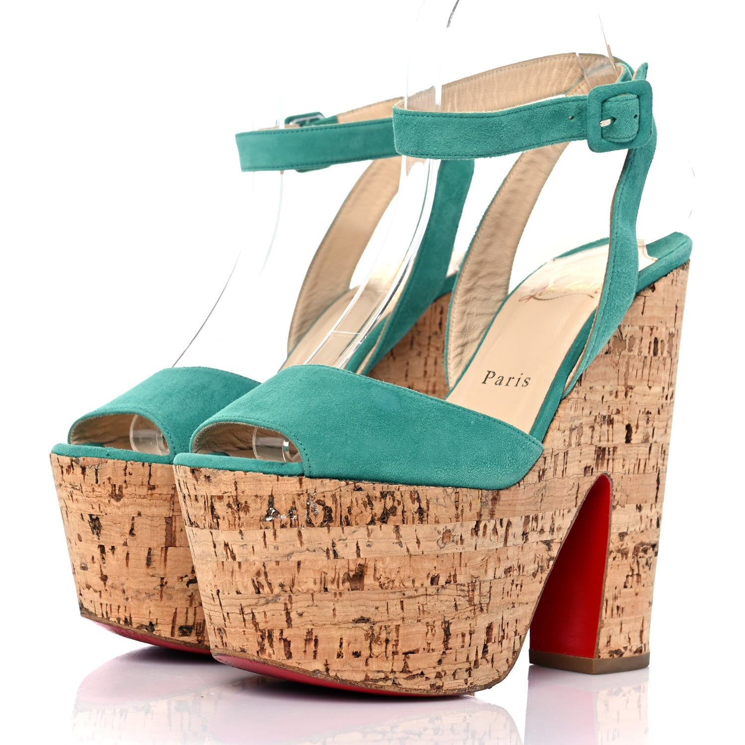 Christian Louboutin Suede Kid Cork Super Dombasle 160 Platform Sandals 38 Turquoise 3 of 7
