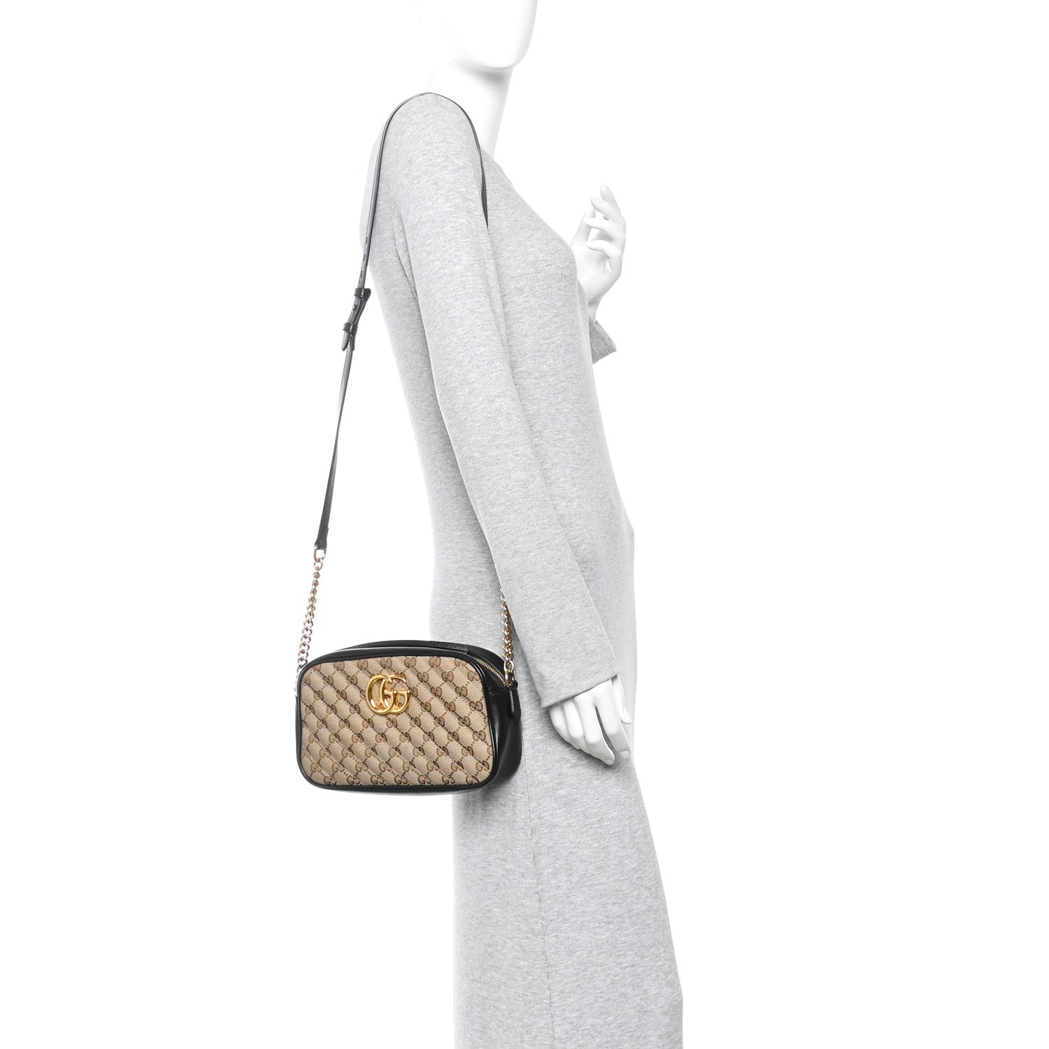 Gucci Monogram Matelasse Diagonal Small GG Marmont Chain Shoulder Bag Beige Black 2 of 11
