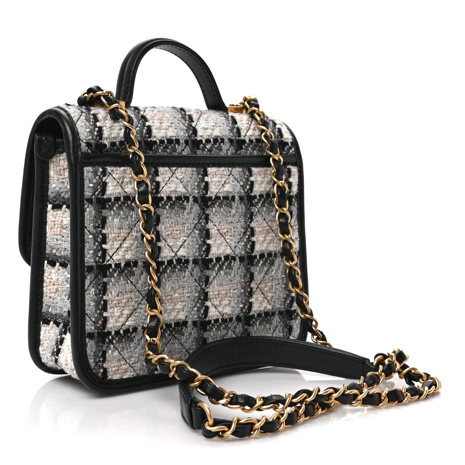 Chanel Tweed Calfskin School Memory Mini Top Handle Flap Ecru Grey Beige Black 3 of 8