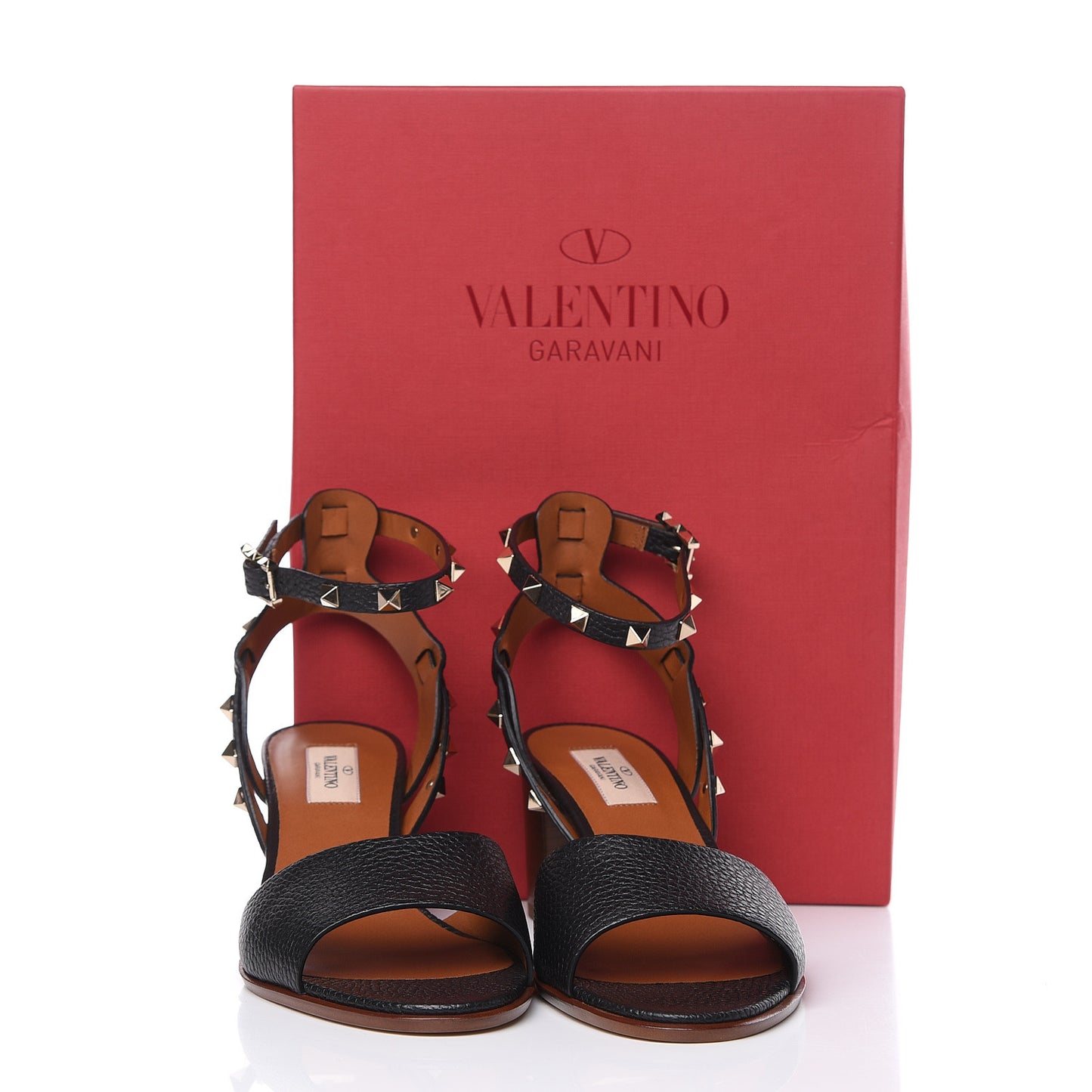 Pebbled Calfskin Rockstud Ankle Strap 60mm Sandals 39 Black Light Cuir