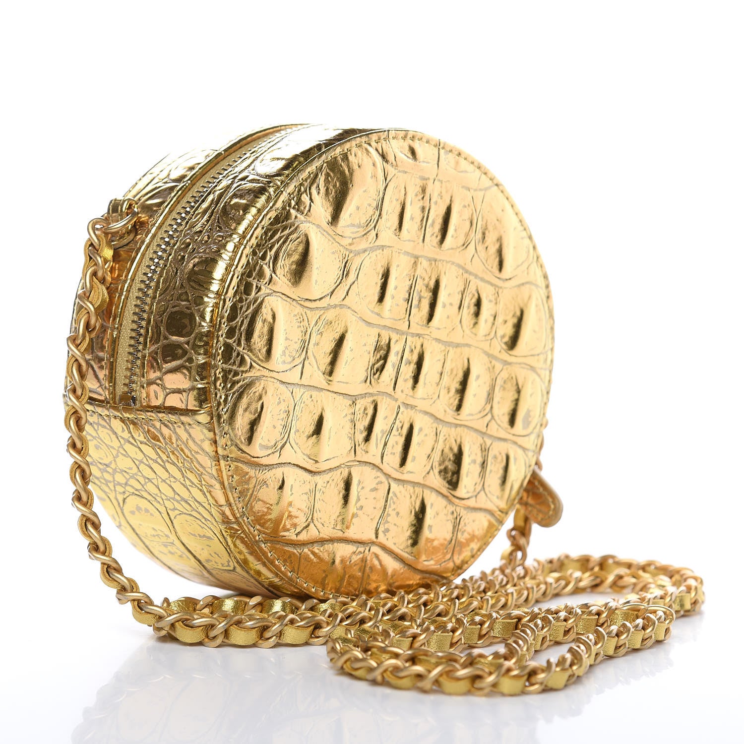 Chanel Metallic Calfskin Crocodile Embossed Cocodile Round Clutch with Chain Gold 3 of 8