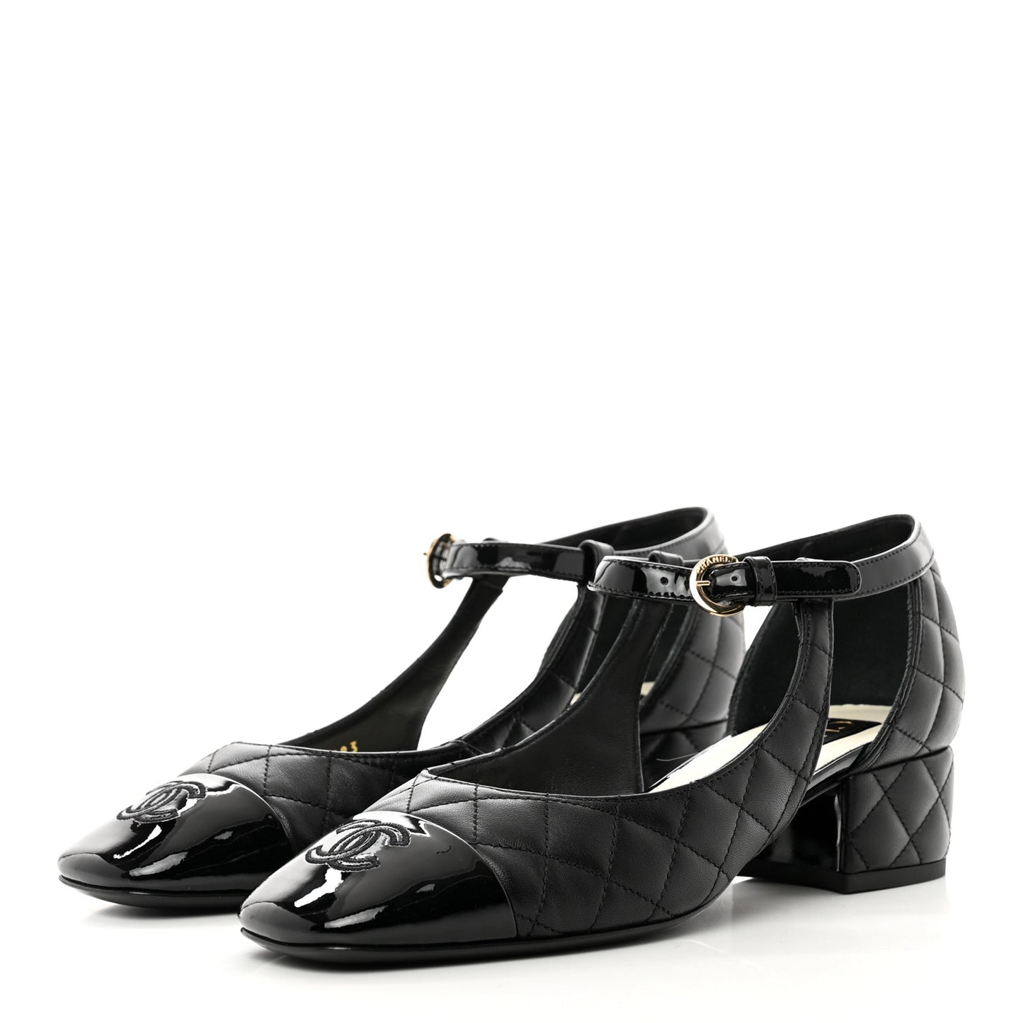 Lambskin Patent Quilted Cap Toe Mary Jane Flats 37 Black