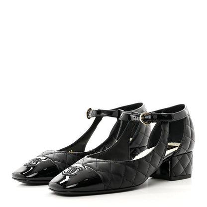 Chanel Lambskin Patent Quilted Cap Toe Mary Jane Flats 37 Black 3 of 8