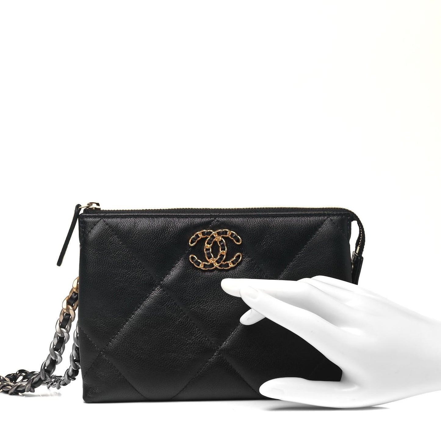 Shiny Goatskin Quilted Small Chanel 19 Pouch With Handle Black