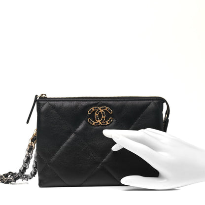 Chanel Shiny Goatskin Quilted Small Chanel 19 Pouch With Handle Black 2 of 11