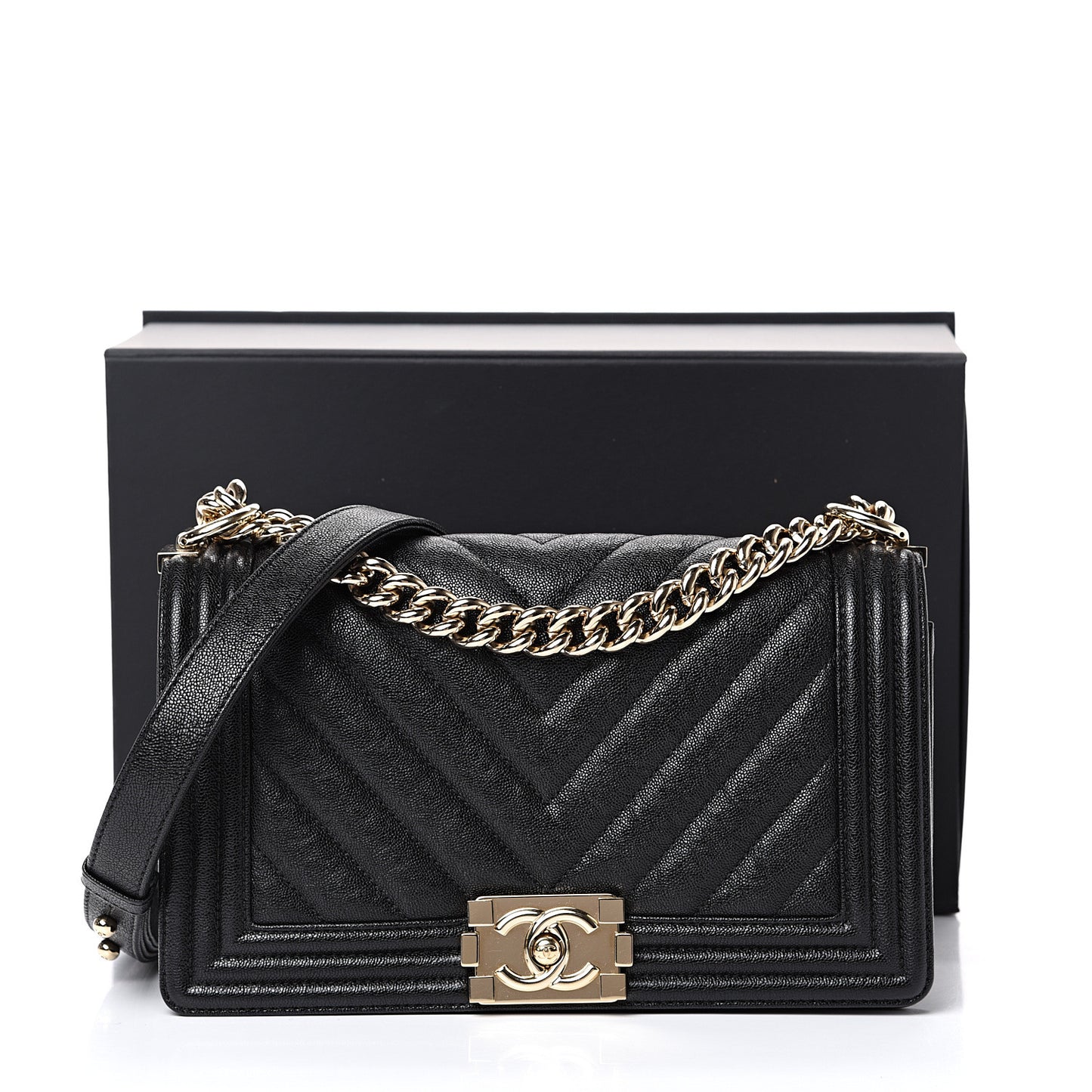 Iridescent Caviar Chevron Quilted Medium Boy Flap Black