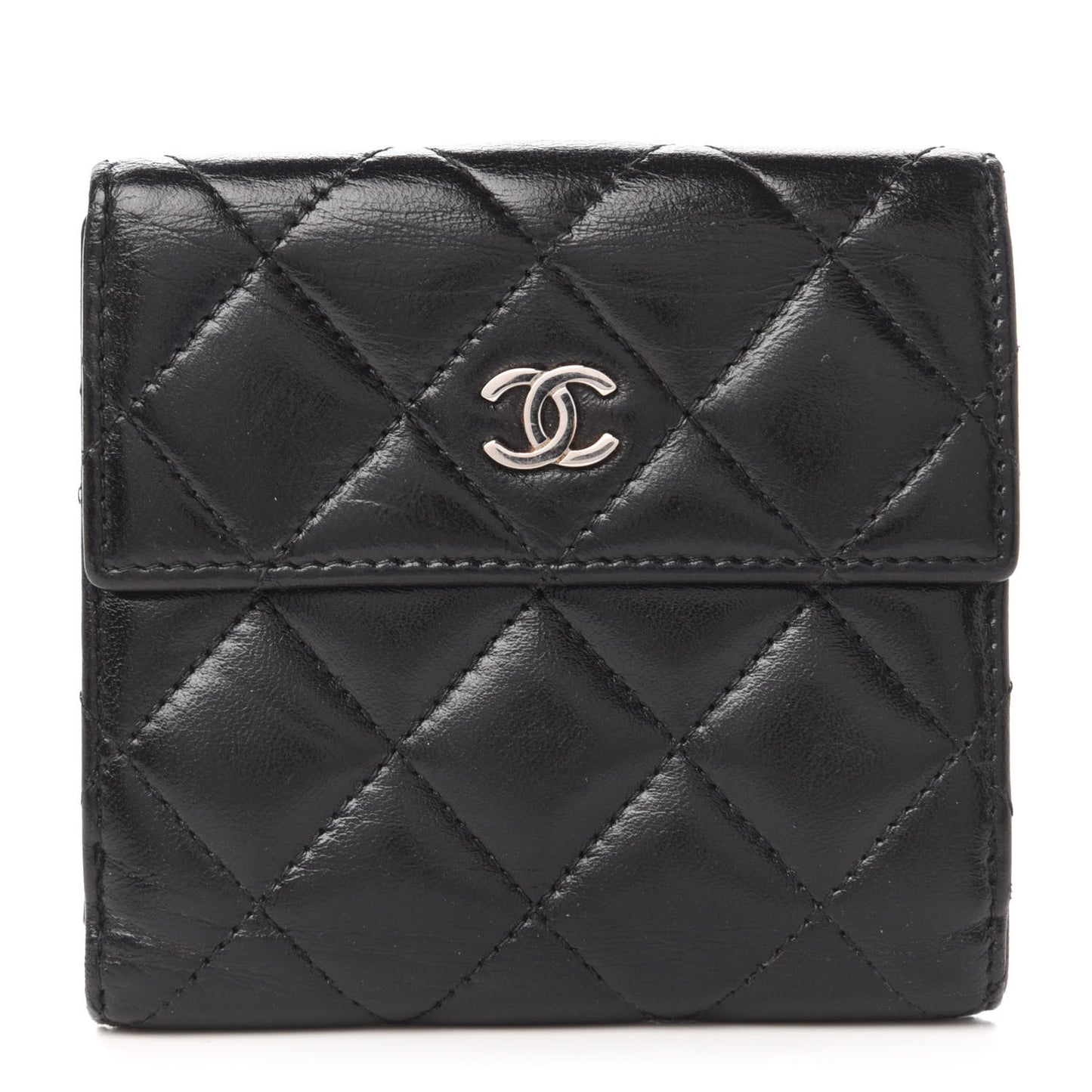 Lambskin Quilted Compact French Flap Wallet Black