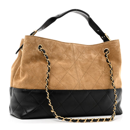 Chanel Suede Calfskin Shiny Lambskin Quilted Small Coco Base Shopping Bag Beige Black 3 of 11