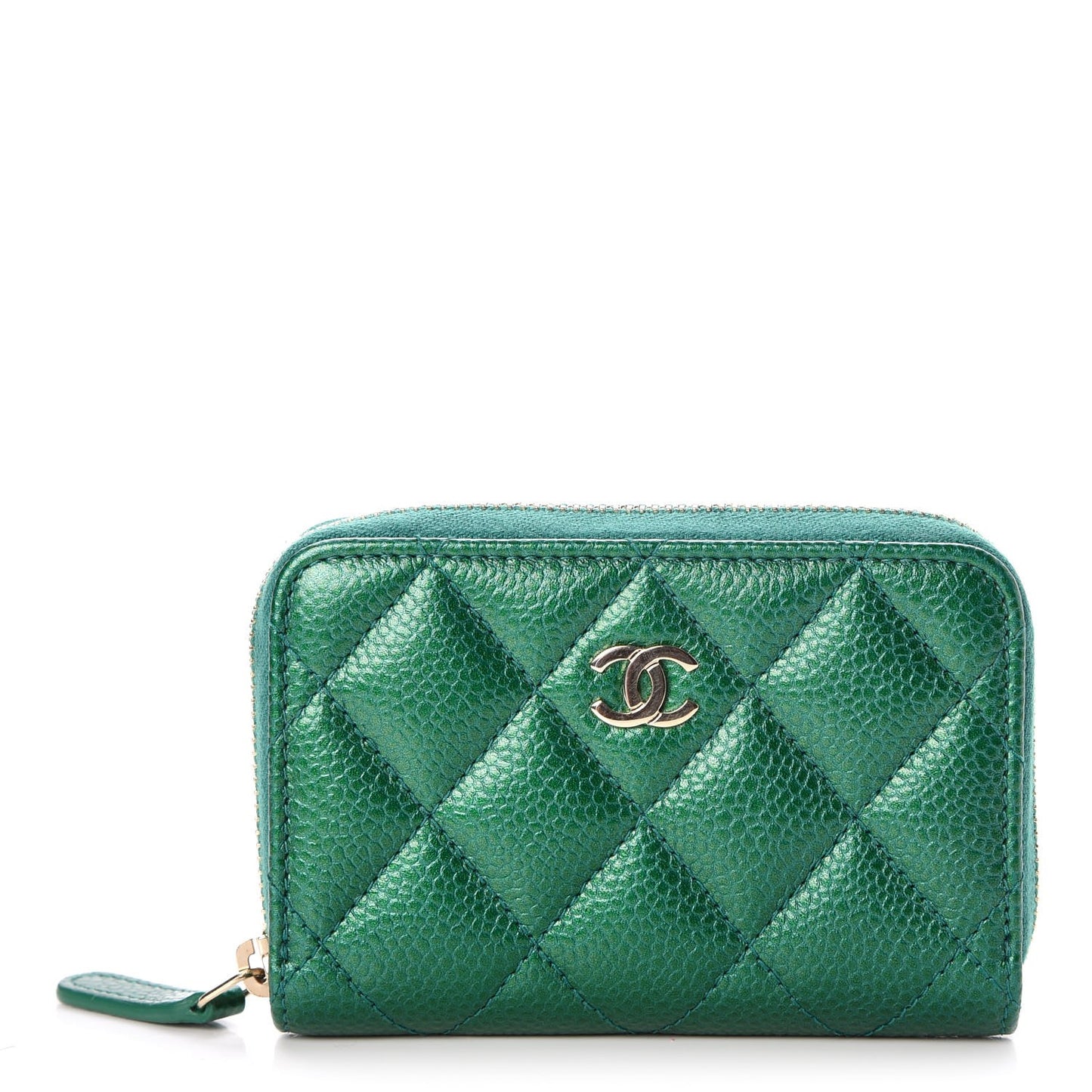 Metallic Caviar Quilted Zip Coin Purse Green