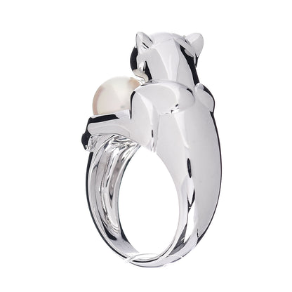Cartier 18K White Gold Pearl Black Onyx Emerald Panthere De Ring 52 6 3 of 5