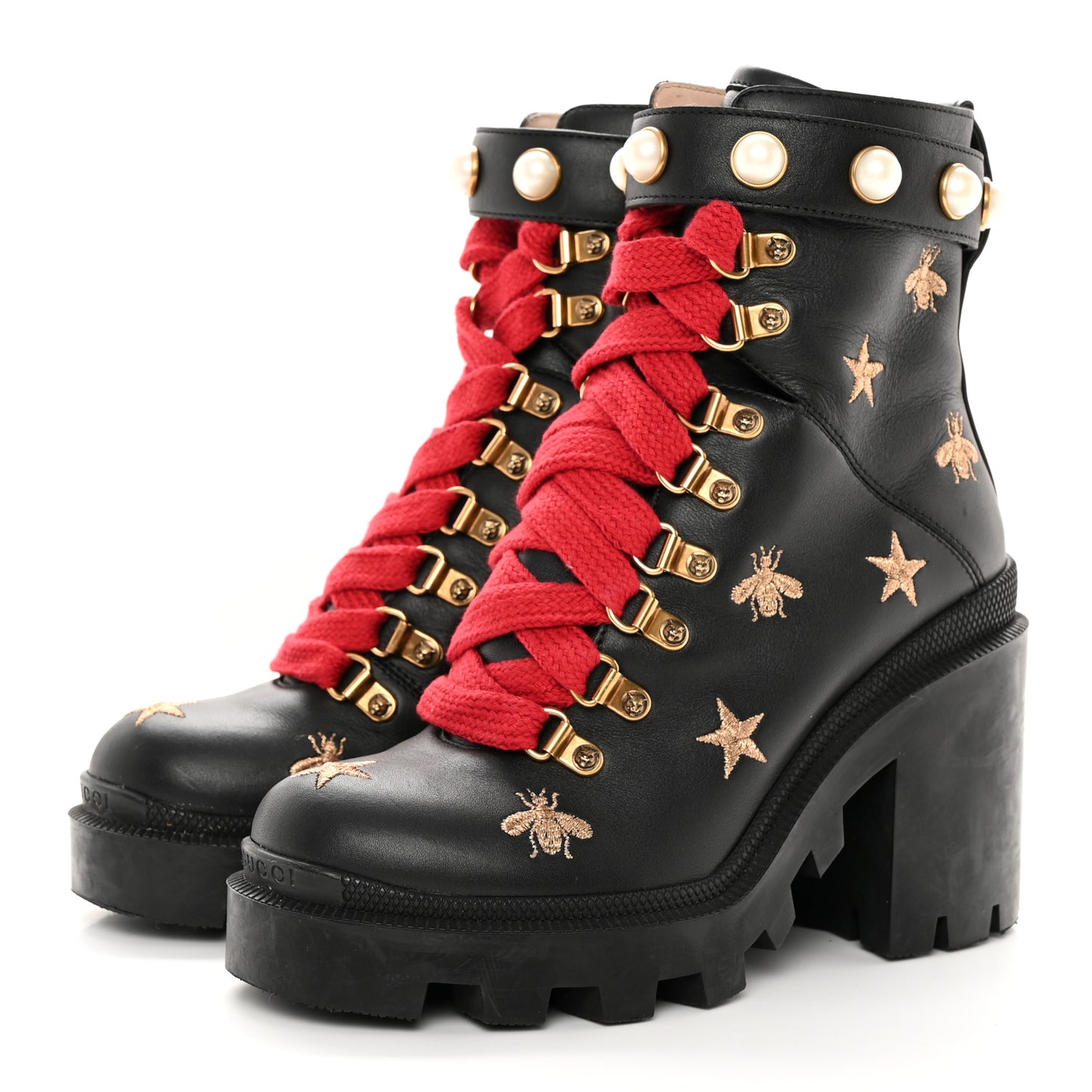 Calfskin Embroidered Lace Up Combat Ankle Boots 35 Black