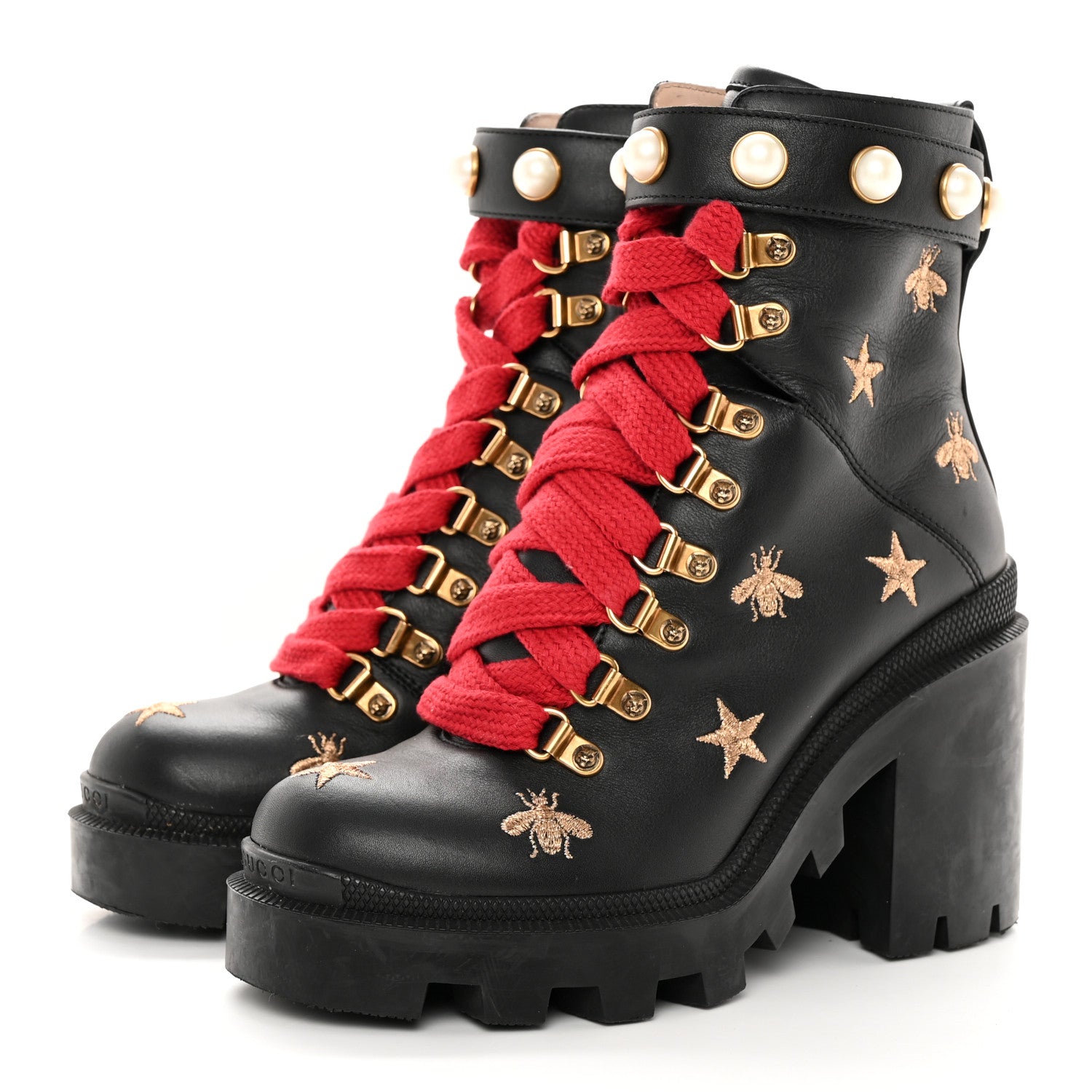 Gucci Calfskin Embroidered Lace Up Combat Ankle Boots 35 Black 3 of 16