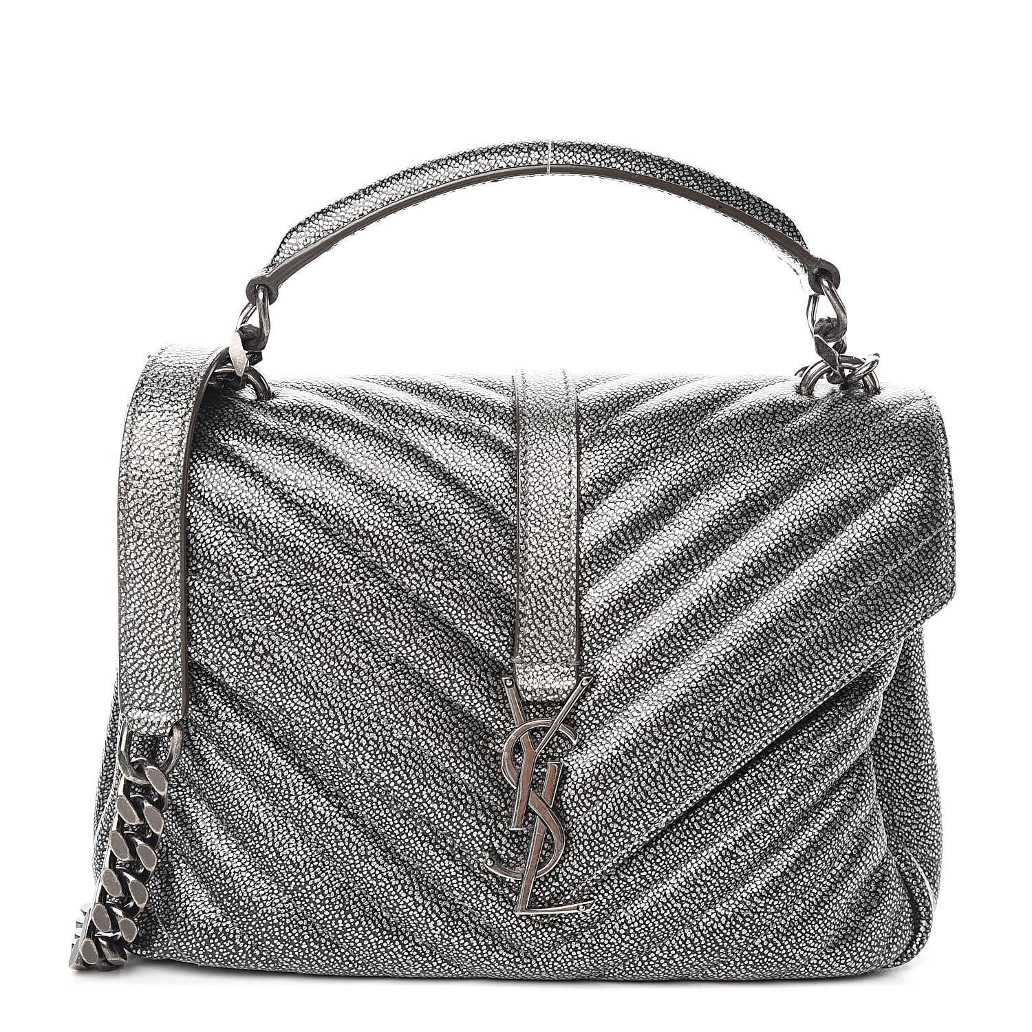 Saint Laurent Metallic Grain De Poudre Matelasse Chevron Monogram Medium College Bag Gunmetal 1 of 10
