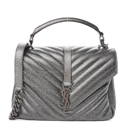 Saint Laurent Metallic Grain De Poudre Matelasse Chevron Monogram Medium College Bag Gunmetal 1 of 10