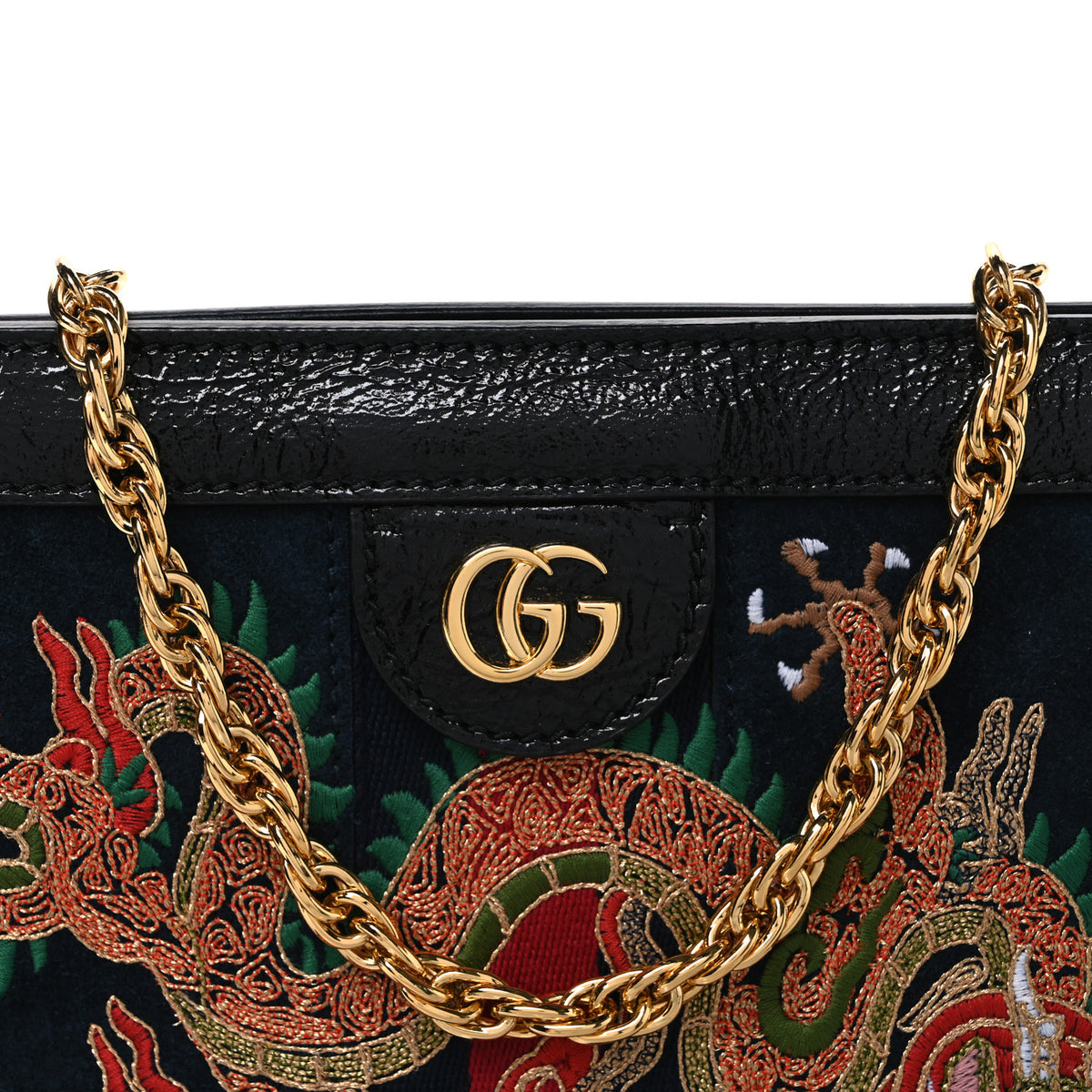 Suede Patent Web Dragon Embroidered Small Ophidia Chain Shoulder Bag Blue Black