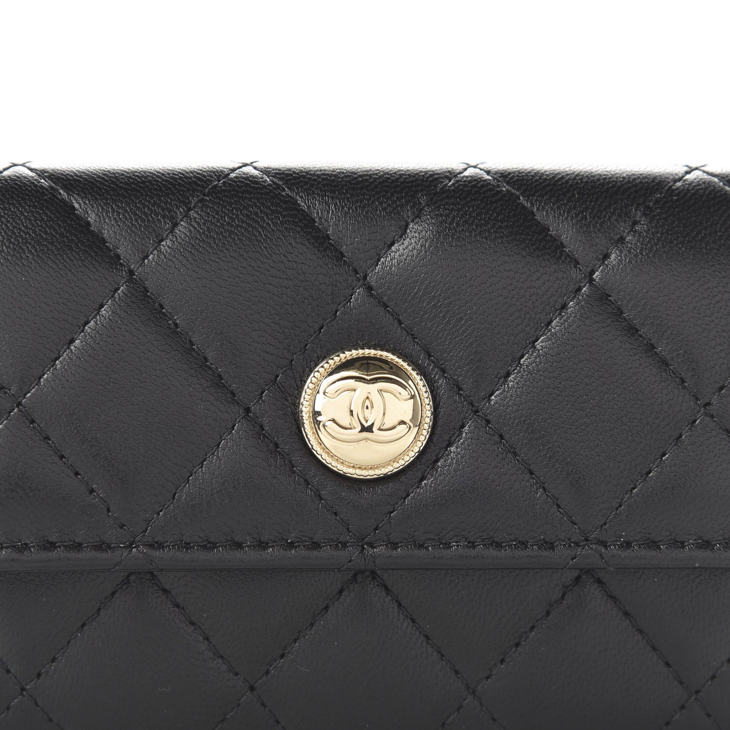 Lambskin Quilted CC Button Flap Card Holder Black
