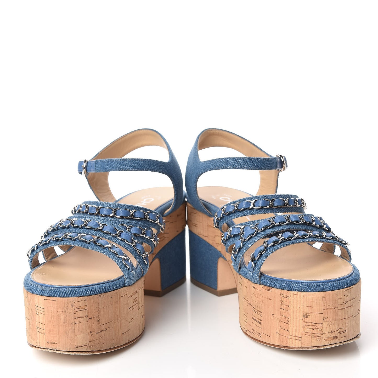 Denim Cork Chain Wedge Sandals 37 Blue