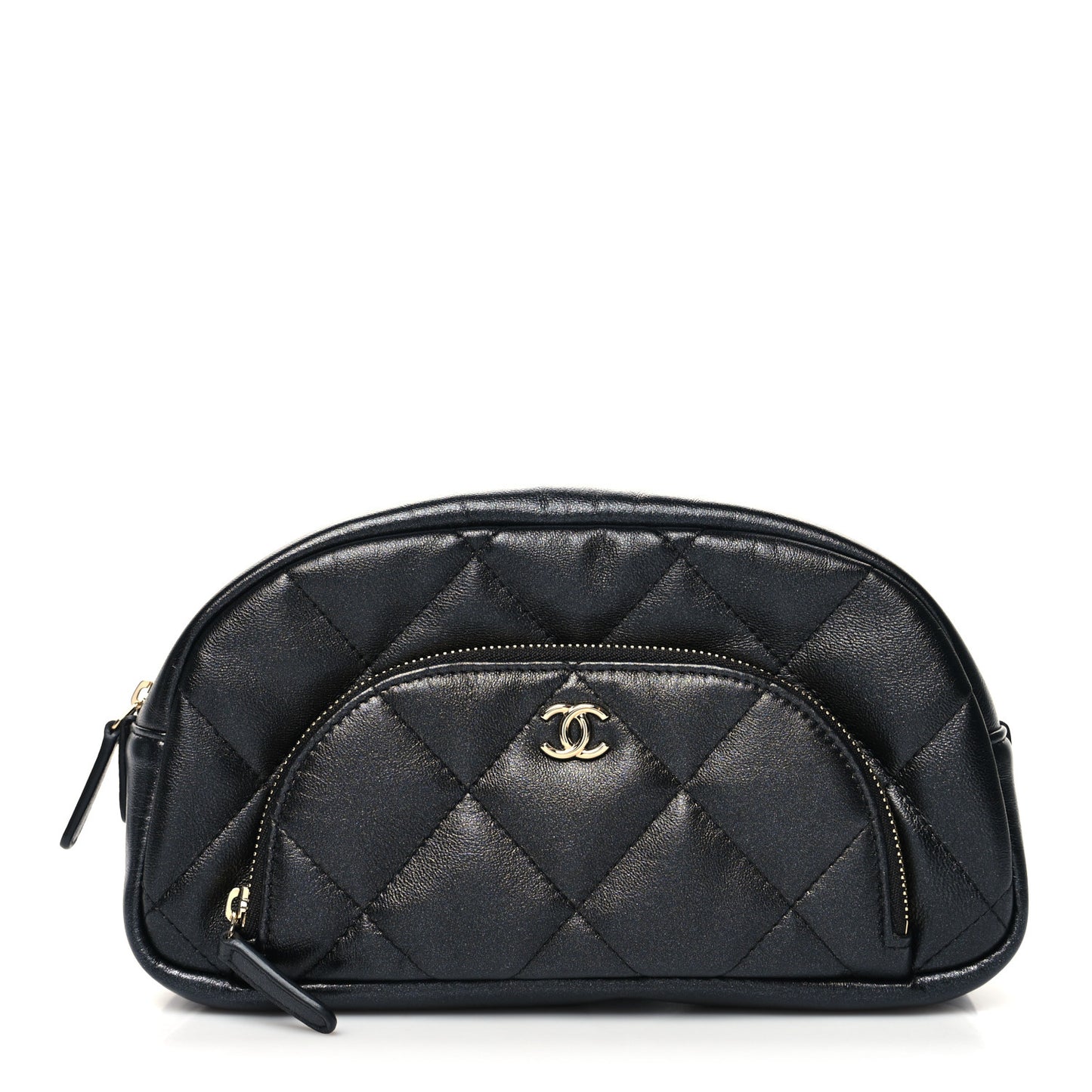 Iridescent Lambskin Quilted Double Zip Pouch Black
