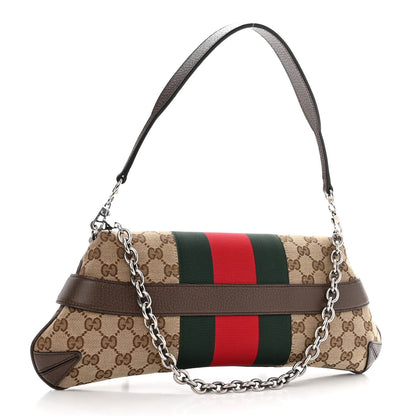 Gucci Monogram Textured Dollar Calfskin Heavy Grosgrain Web Medium Maxi Horsebit Chain Shoulder Bag Beige Ebony New Acero 3 of 9